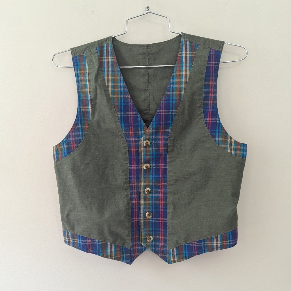 Vintage‎ Cotton Plaid Olive Reversible Vest